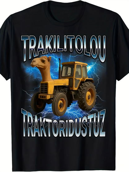 Men's Graphic T-Shirt Trakilitolou Traktoridustuz Surreal Yellow Tractor With Animal Head
