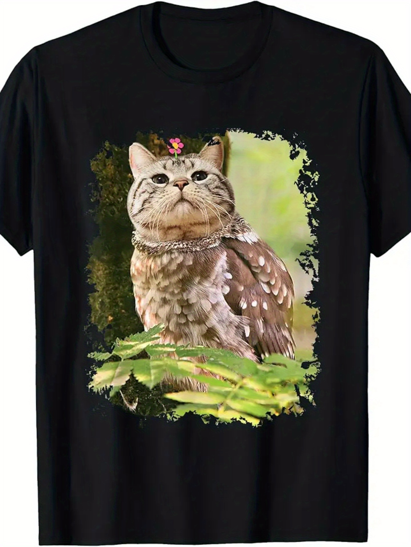 Men's Graphic T-Shirt Sunlit Woodland Mist With Cat Blending Into Forest Owl