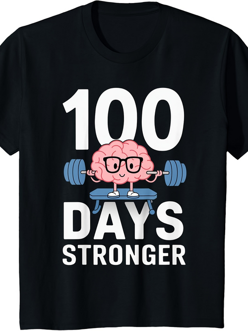 Men's Graphic T-Shirt 100 Days Stronger With Cute Cartoon Brain Lifting Dumbbells