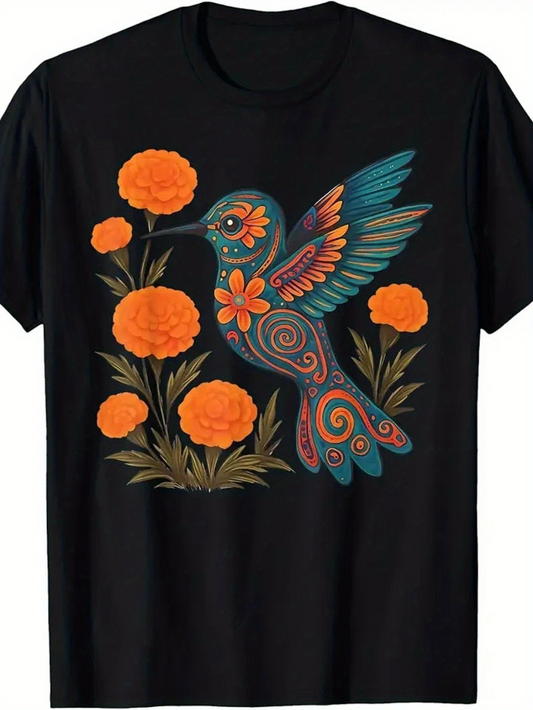 Men's Graphic T-Shirt Vibrant Floral Blooms With Colorful Decorative Details Surrounding Hummingbird