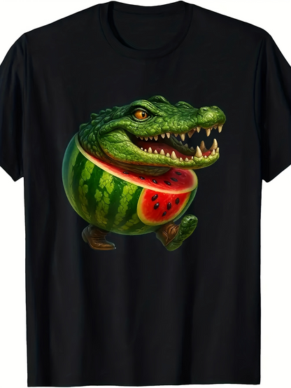 Men's Graphic T-Shirt Green Watermelon Body With Lively Running Alligator Creature
