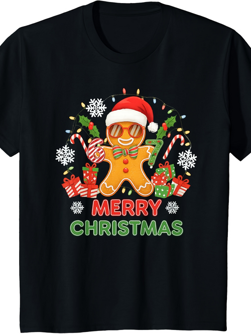Men's Graphic T-Shirt Merry Christmas Gingerbread Man With Santa Hat Surrounded By Gifts And Festive Candy