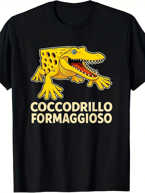 Men's Graphic T-Shirt Yellow Smiling Cartoon Reptile With Cheese Block Pattern Alligator