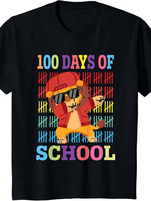 Men's Graphic T-Shirt 100 Days Of School Colorful Tallies With Dabbing Cool Lion