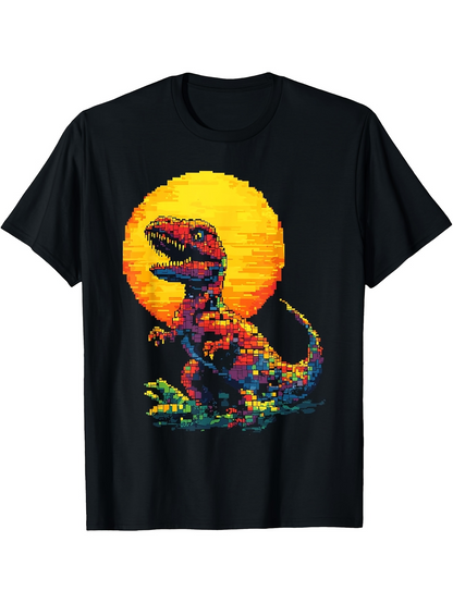 Men's Graphic T-Shirt Vibrant Sunset Colors With Pixel Style Jurassic Dinosaur