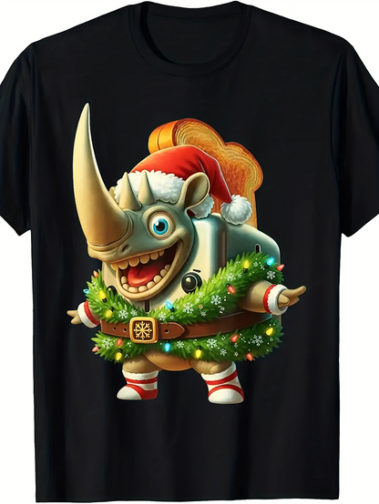 Men's Graphic T-Shirt Festive Christmas Lights And Santa Hat Rhino