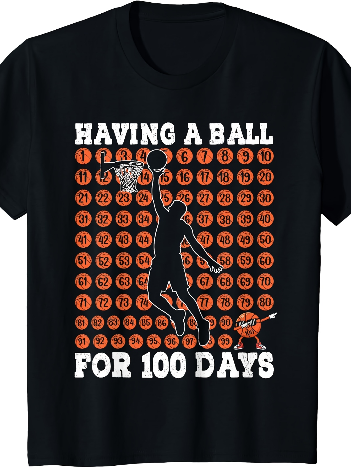 Men's Graphic T-Shirt Having A Ball With Orange Basketball Circles And Silhouette Dunking Player Under Numbers