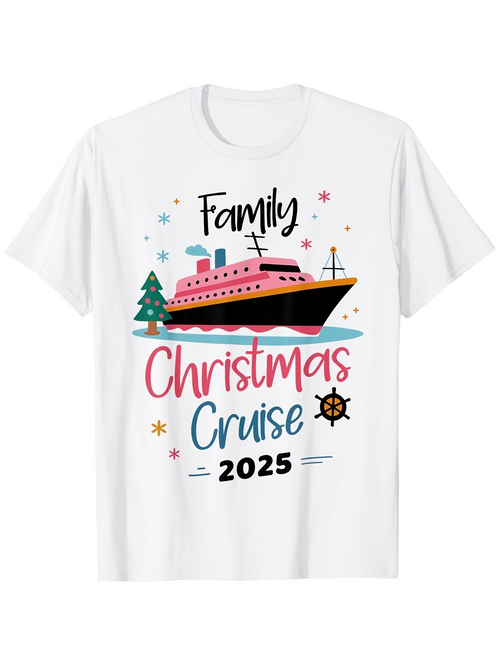 Men's Graphic T-Shirt Family Christmas Cruise With Pink Ship And Festive Decorations