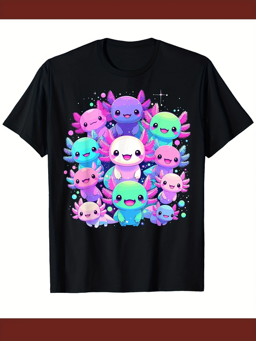 Men's Graphic T-Shirt Colorful Cartoon Smiling Faces With Playful Lively Water Creatures Axolotl