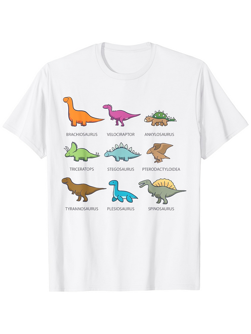 Men's Graphic T-Shirt Colorful Cartoon Dinosaurs With Labeled Species Names On White Shirt