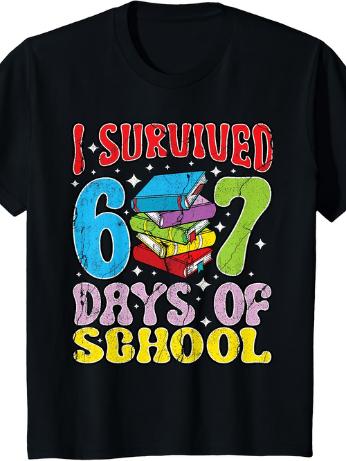Men's Graphic T-Shirt I Survived Colorful Books Surrounded By Star Sparkles Days Of School