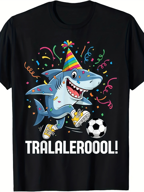 Men's Graphic T-Shirt Tralaleroool Playful Shark Kicking Soccer Ball Among Colorful Confetti Streamers