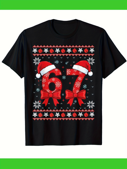 Men's Graphic T-Shirt Festive Patterned Holiday Design With Santa Hats And Decorative Number