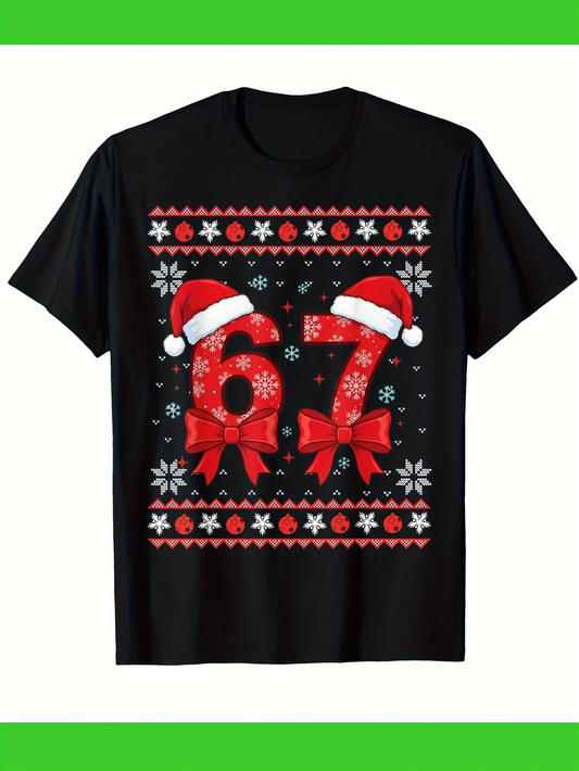 Men's Graphic T-Shirt Festive Patterned Holiday Design With Santa Hats And Decorative Number