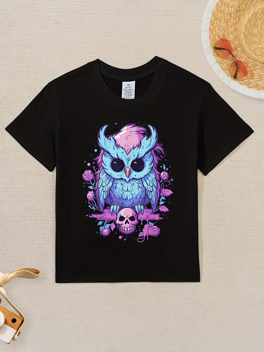 Men's Graphic T-Shirt Whimsical Blue Owl With Pink Feathers Amid Purple Skulls And Stars Owl