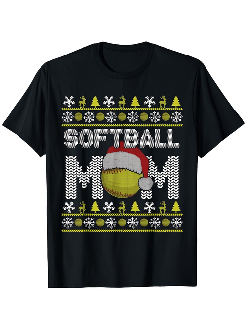 Men's Graphic T-Shirt Santa Hat Softball Surrounded By Festive Trees And Snowflakes