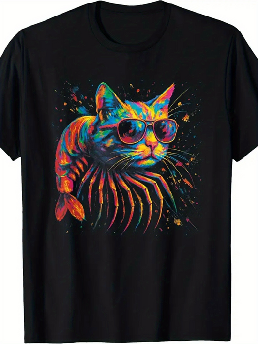 Men's Graphic T-Shirt Vibrant Neon Light Surreal Fusion Featuring A Cool Sunglasses Cat
