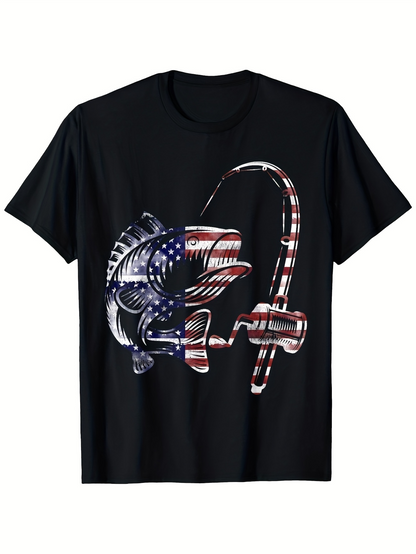 Men's Graphic T-Shirt Patriotic Striped Fish With American Flag Hook On Black Shirt