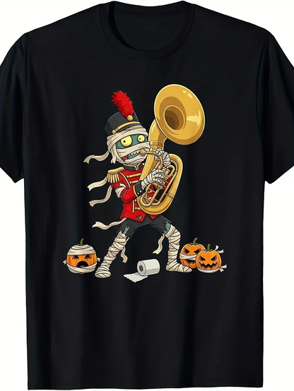 Men's Graphic T-Shirt Marching Band Mummy With Pumpkins And Brass Instrument Halloween Night
