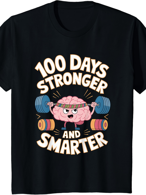 Men's Graphic T-Shirt 100 Days Stronger And Smarter Cartoon Brain Lifting Dumbbells