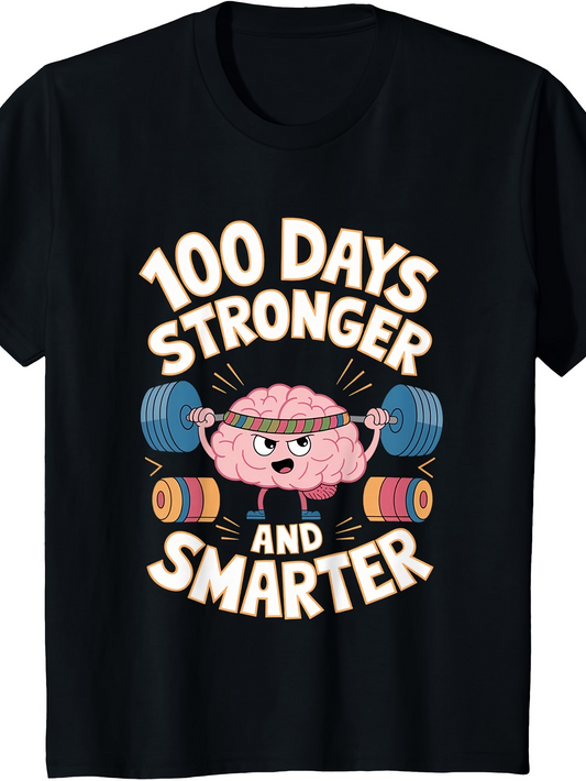 Men's Graphic T-Shirt 100 Days Stronger And Smarter Cartoon Brain Lifting Dumbbells
