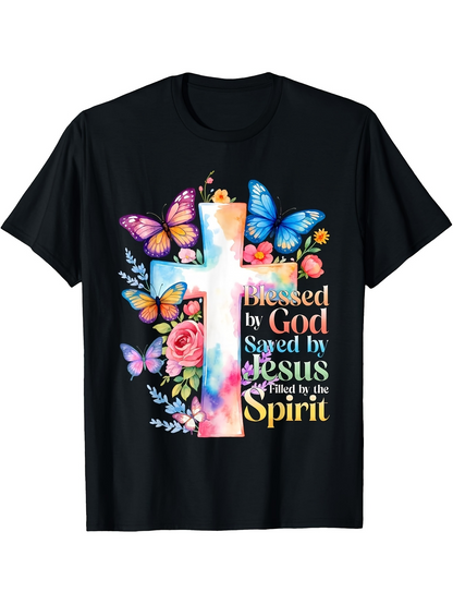 Men's Graphic T-Shirt Blessed By God Saved By Jesus Filled By The Spirit Surrounded By Colorful Butterflies And Floral Cross