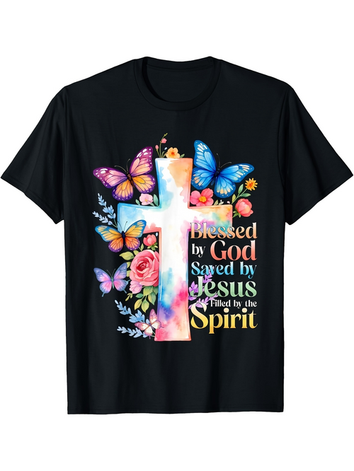 Men's Graphic T-Shirt Blessed By God Saved By Jesus Filled By The Spirit Surrounded By Colorful Butterflies And Floral Cross
