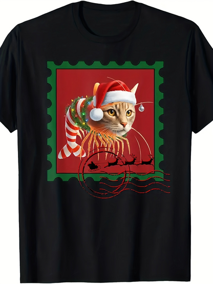 Men's Graphic T-Shirt Christmas Cat With Santa Hat Among Holiday Decorations Stamp