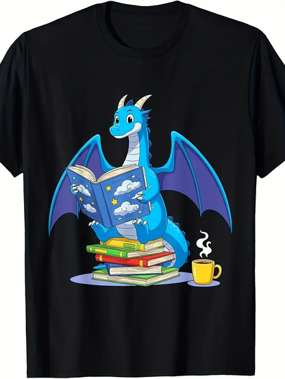 Men's Graphic T-Shirt Smiling Blue Dragon Relaxing With Books And Steaming Coffee Mug