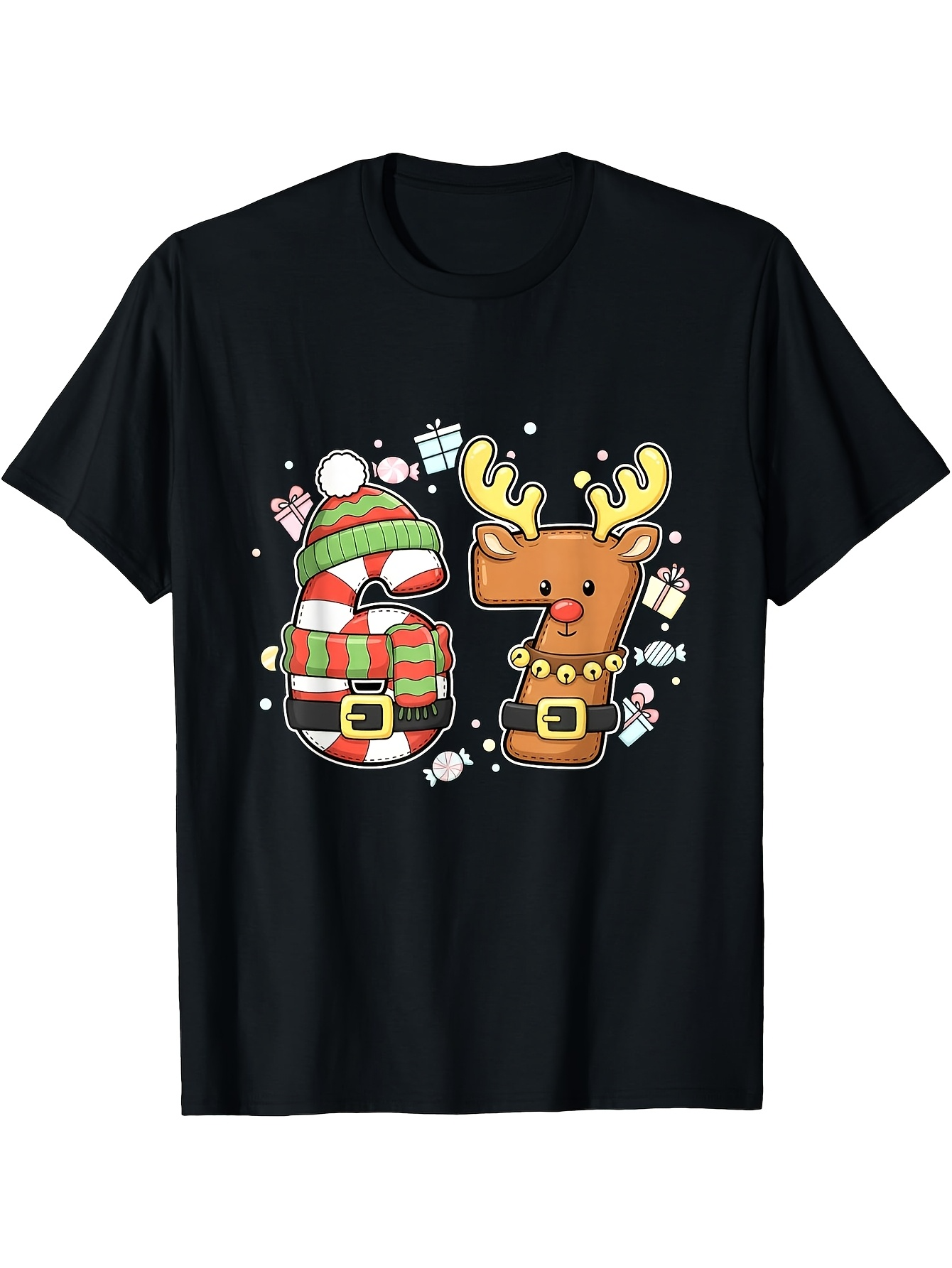 Men's Graphic T-Shirt Festive Cartoon Style Snowman And Reindeer Surrounded By Christmas Gifts