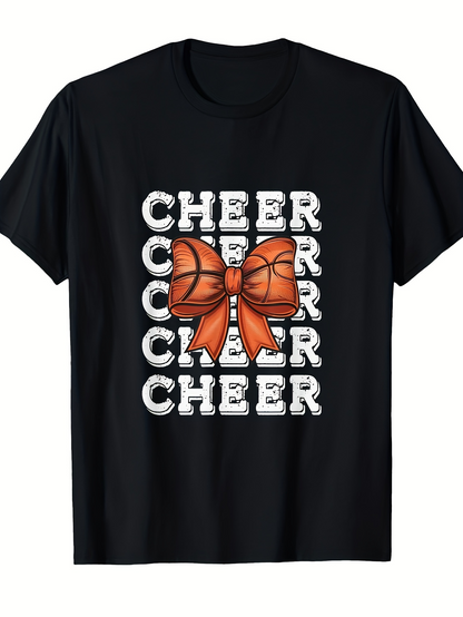 Men's Graphic T-Shirt Cheer Stacked Lettering With Orange Basketball Bow Central Graphic