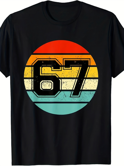 Men's Graphic T-Shirt Vintage Distressed Sunset Gradient Circle With Bold Number 67