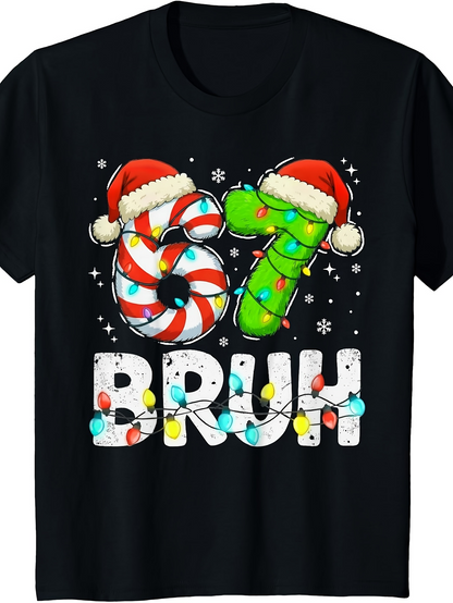 Men's Graphic T-Shirt Bruh Festive Numbers With Candy Lights Snowflakes Christmas Hat