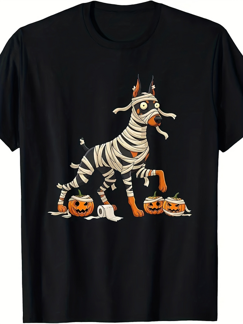 Men's Graphic T-Shirt Halloween Pumpkins Among Fallen Leaves And A Wrapped Mummy Dog
