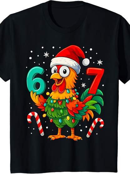 Men's Graphic T-Shirt Festive Christmas Lights Colorful Cartoon Rooster With Santa Hat And Candy Canes