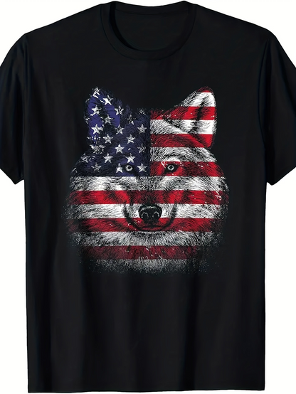 Men's Graphic T-Shirt Patriotic Furry American Flag Blending Across Majestic Wild Wolf