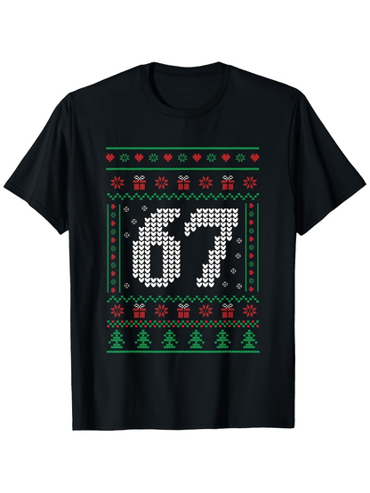 Men's Graphic T-Shirt Festive Pixel Art Style Number Pattern With Decorative Knitted Details 67