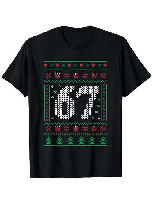 Men's Graphic T-Shirt Festive Pixel Art Style Number Pattern With Decorative Knitted Details 67