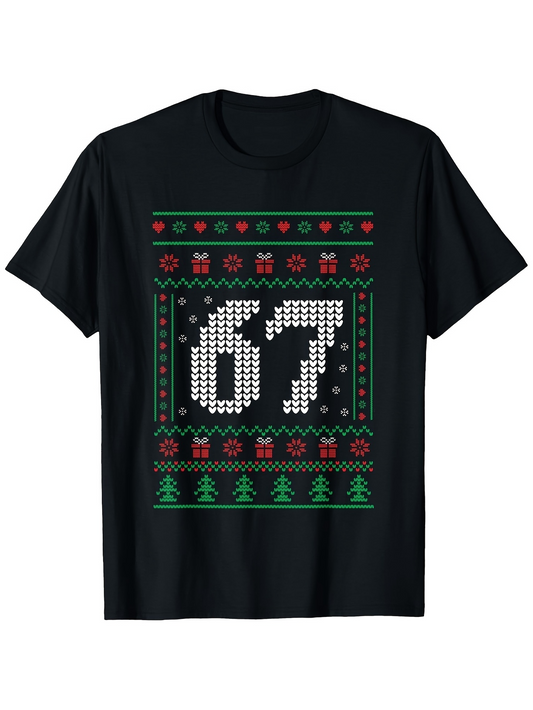 Men's Graphic T-Shirt Festive Pixel Art Style Number Pattern With Decorative Knitted Details 67