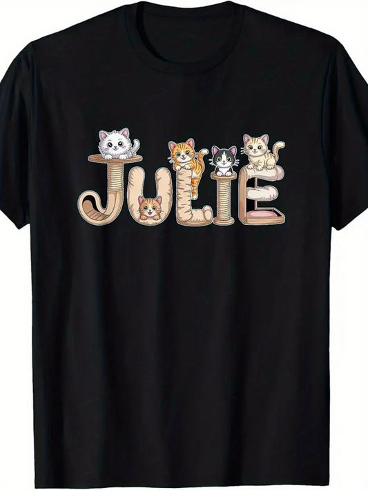 Men's Graphic T-Shirt Julie Whimsical Playful Cats Sitting Within Bold Letters