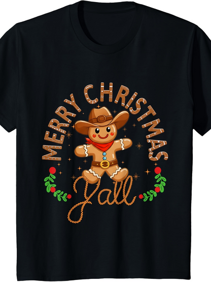 Men's Graphic T-Shirt Merry Christmas Yall Festive Cowboy Gingerbread Surrounded By Holly Berries