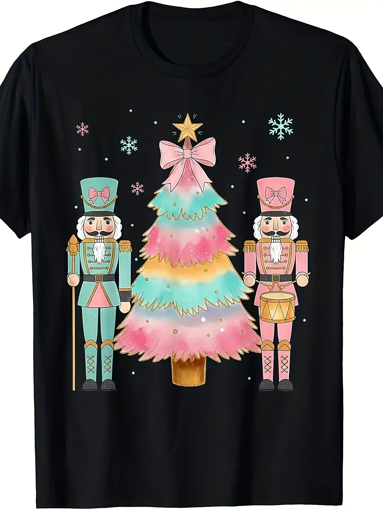 Men's Graphic T-Shirt Pastel Christmas Tree With Two Nutcracker Figures Under Falling Snowflakes