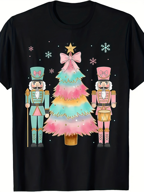 Men's Graphic T-Shirt Pastel Christmas Tree With Two Nutcracker Figures Under Falling Snowflakes