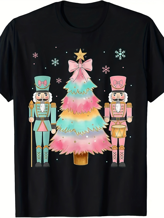Men's Graphic T-Shirt Pastel Christmas Tree With Two Nutcracker Figures Under Falling Snowflakes