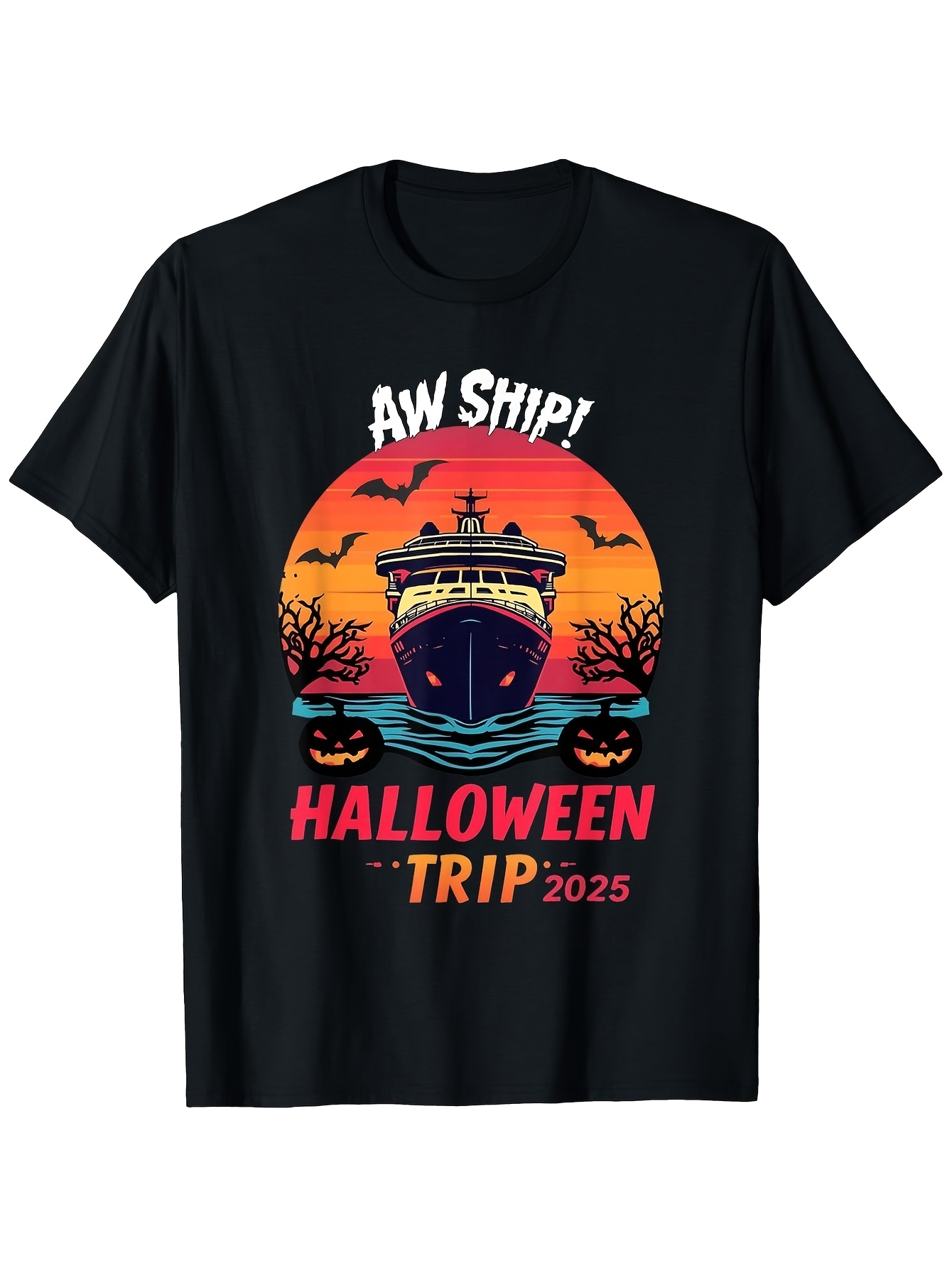 Men's Graphic T-Shirt Aw Ship Halloween Trip With Pumpkins Bats And Spooky Sunset Cruise Ship