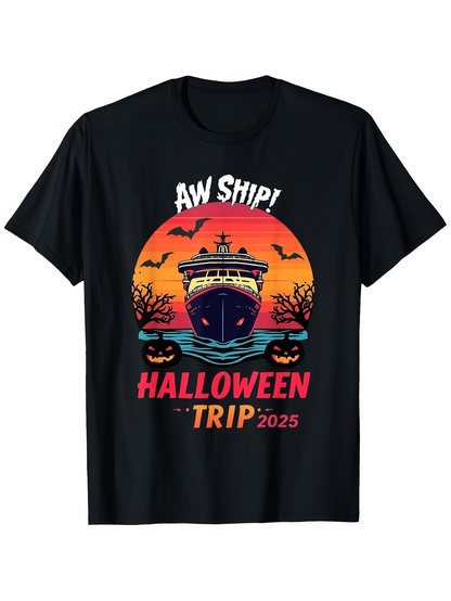 Men's Graphic T-Shirt Aw Ship Halloween Trip With Pumpkins Bats And Spooky Sunset Cruise Ship