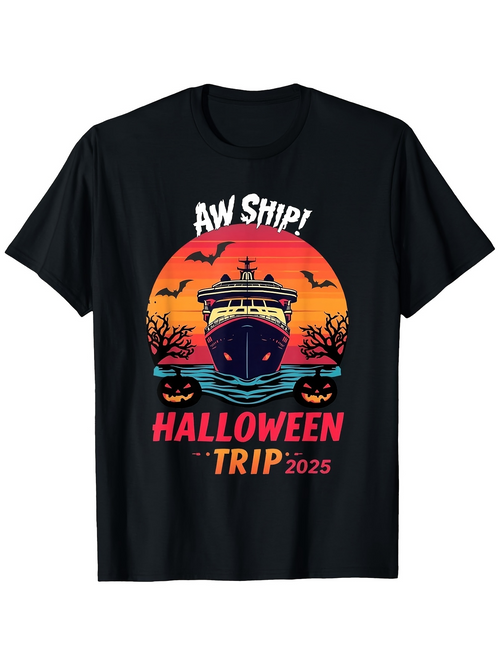 Men's Graphic T-Shirt Aw Ship Halloween Trip With Pumpkins Bats And Spooky Sunset Cruise Ship