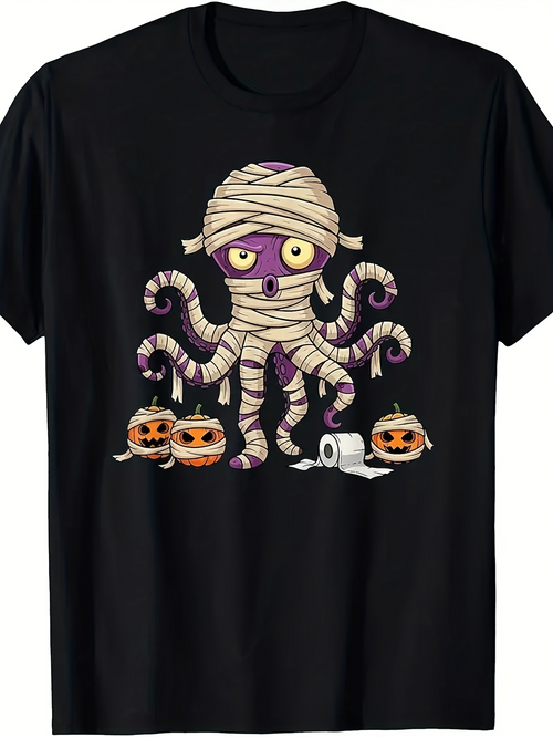 Men's Graphic T-Shirt Spooky Halloween Pumpkins With Bandaged Tentacled Octopus Surrounded By Toilet Paper