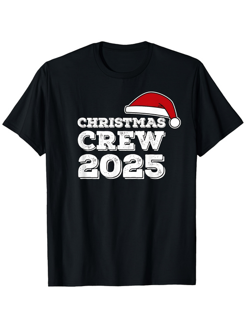 Men's Graphic T-Shirt Christmas Crew 2025 Cartoon Santa Hat With Festive Holiday Typography Shirt