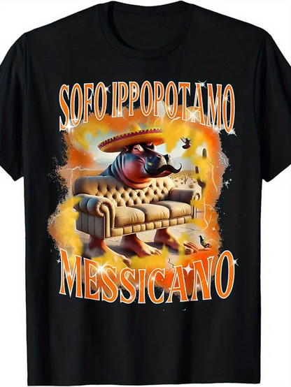 Men's Graphic T-Shirt Chill Scene With Couch Wearing Sombrero Surrounded By Cacti Hungry Hippopotamus
